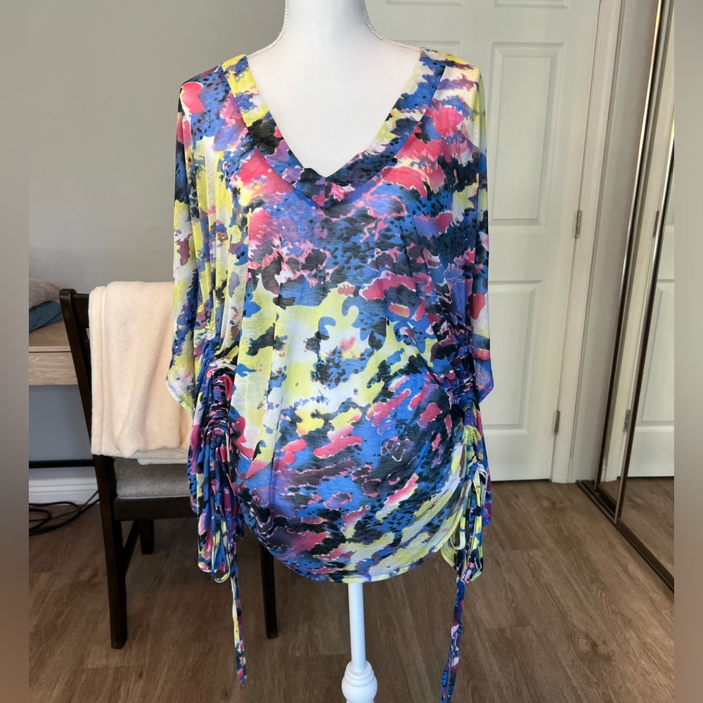 Minkpink Colorful Abstract Print Caftan Pool Beach Coverup with Drawstring Sides